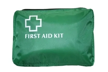 Green First Aid Bag No Handles 2 fold-out compartments.